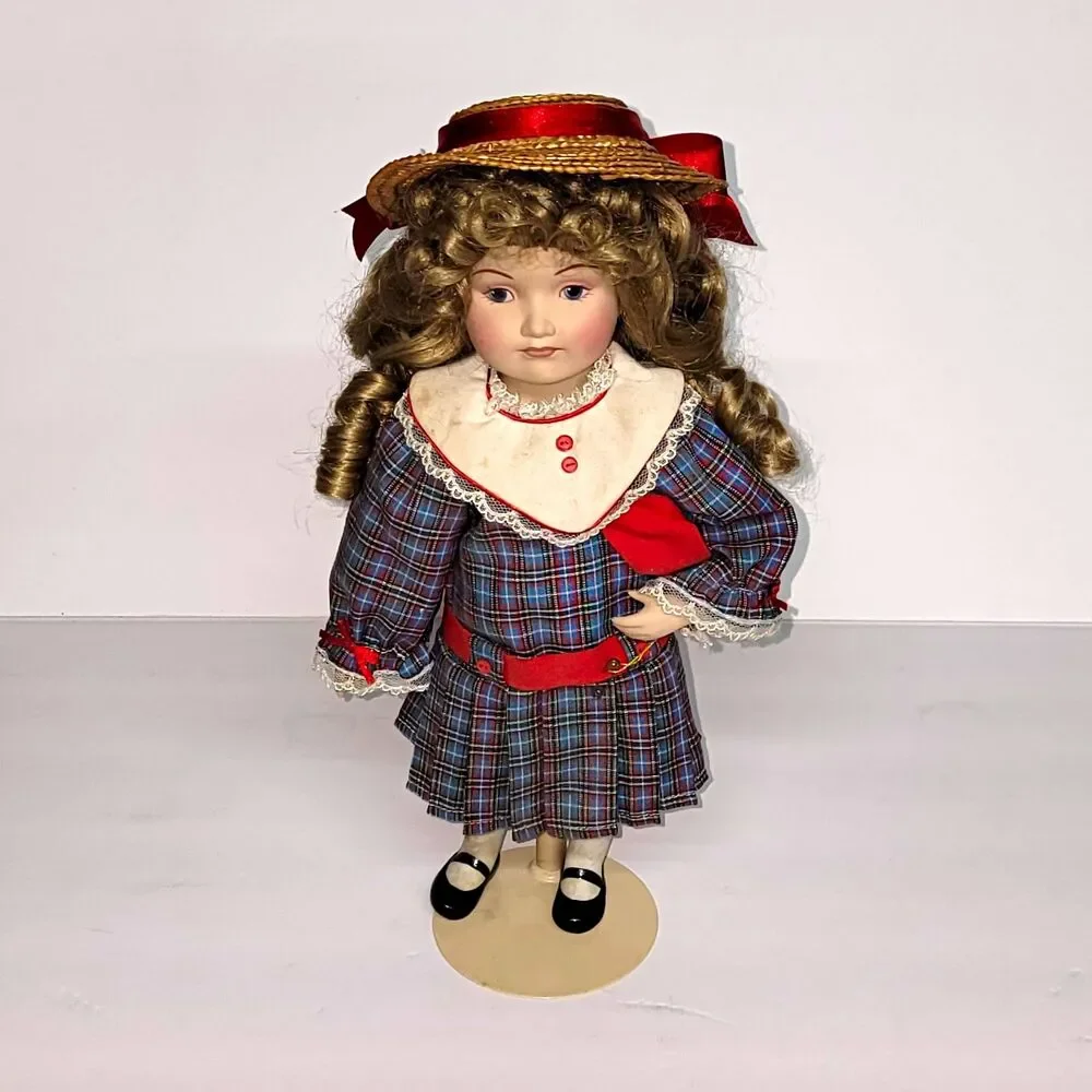 Vntge Franklin Heirloom Porcelain Doll Blonde Ringlets Plaid Dress Straw Hat 13